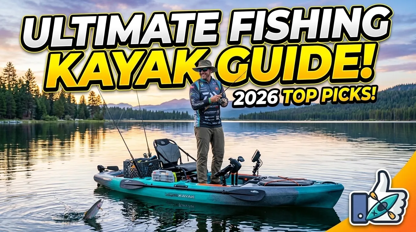 The Ultimate Guide to Choosing the Best Fishing Kayaks (Updated for 2026) Angler fishing from a teal kayak on a lake at sunset, beneath fishing kayak guide lettering