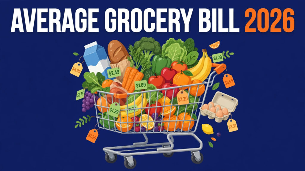 Grocery cart filled with fresh food and household staples