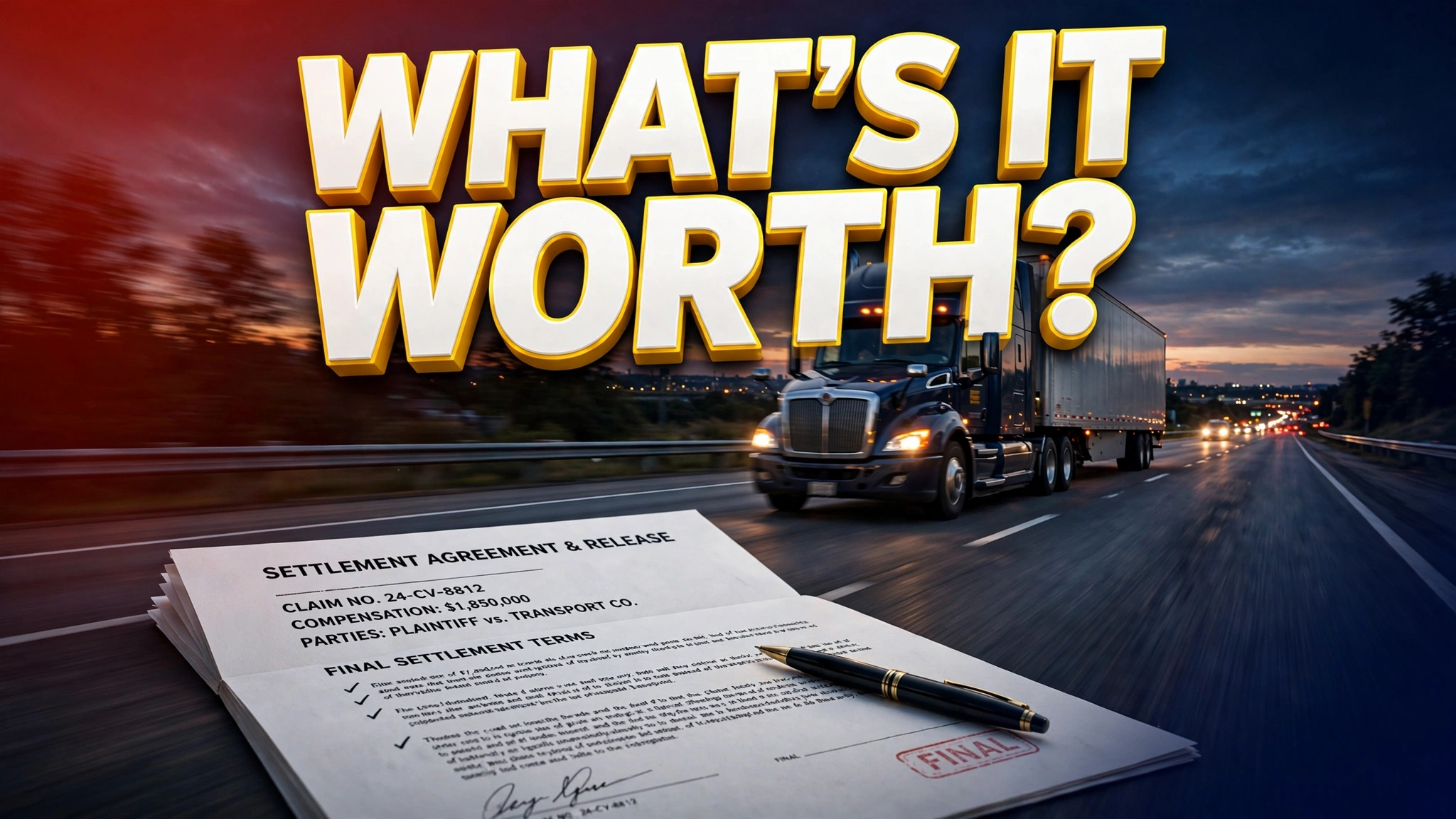 Semi-truck accident settlement &mdash; truck on highway with settlement document