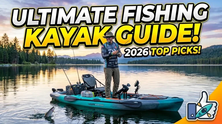 Angler fishing from a teal kayak on a lake at sunset, beneath fishing kayak guide lettering