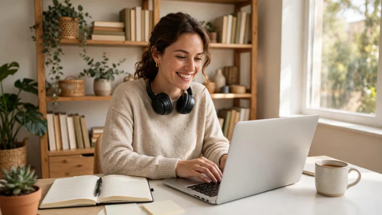 Part-time remote jobs — woman working on a laptop at a bright home desk