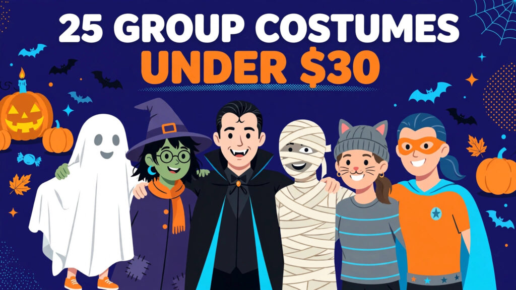 Group of friends in cheap Halloween costumes — ghost, witch, vampire, mummy, cat and superhero — with the text 25 Group Costumes Under $30