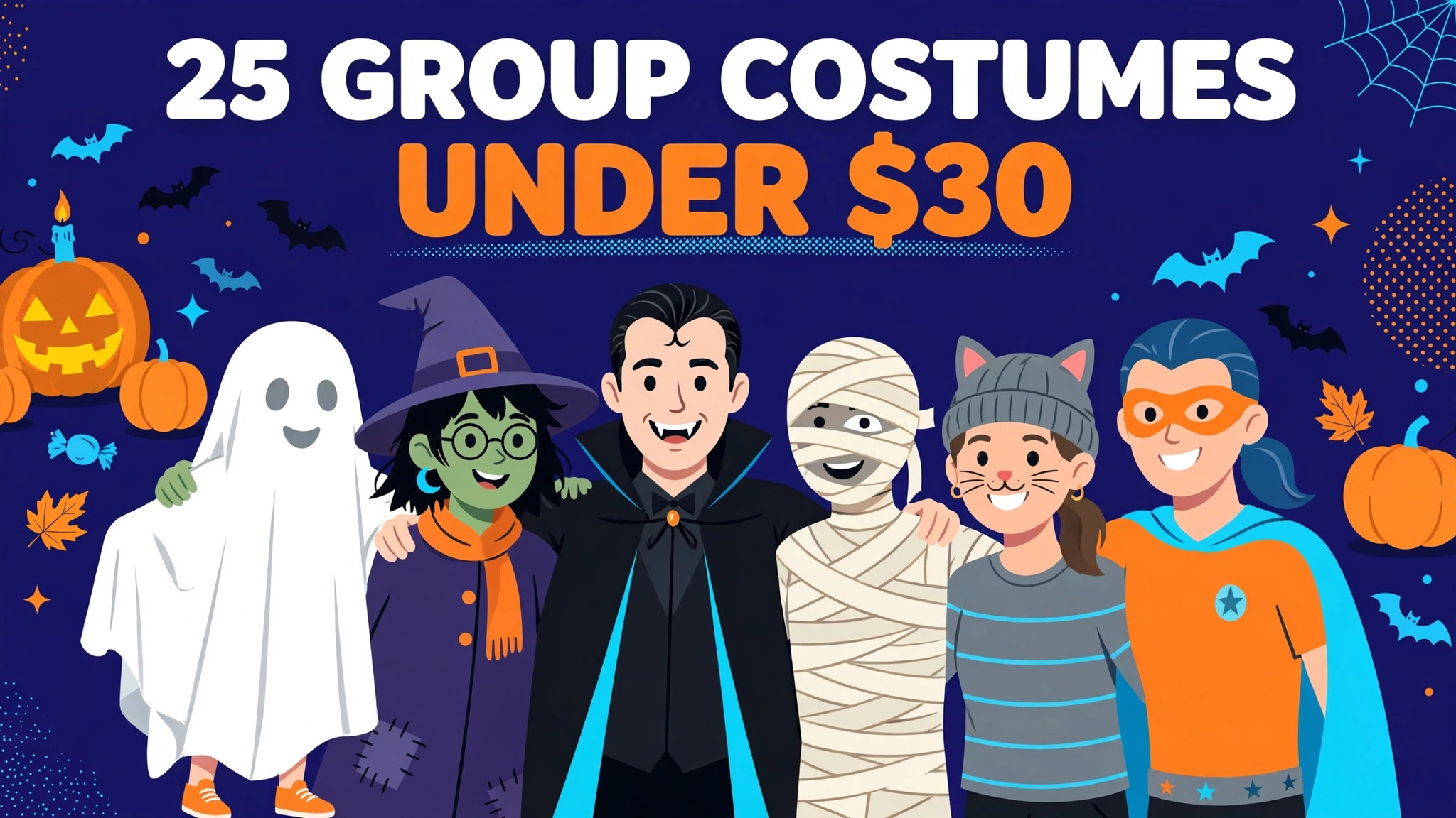 Group of friends in cheap Halloween costumes &mdash; ghost, witch, vampire, mummy, cat and superhero &mdash; with the text 25 Group Costumes Under $30