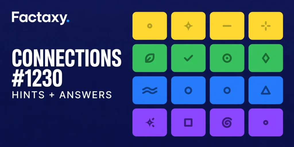 Connections #1230 hints and answers thumbnail for October 23, 2026 with a 4x4 color grid