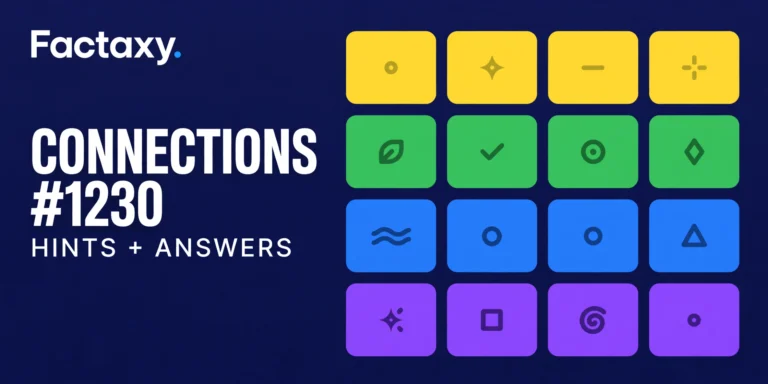 Connections #1230 hints and answers thumbnail for October 23, 2026 with a 4x4 color grid