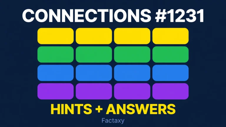 Connections number 1231 hints and answers thumbnail with a four by four colored grid on a navy background