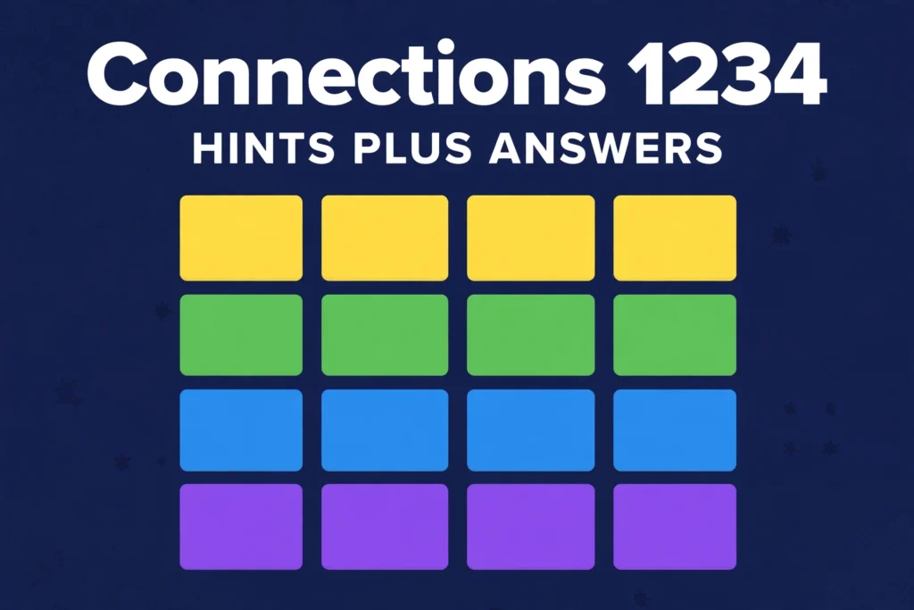 Connections number 1234 hints thumbnail, four by four grid of tiles in yellow green blue and purple on a navy background