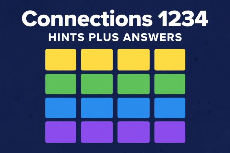 Connections number 1234 hints thumbnail, four by four grid of tiles in yellow green blue and purple on a navy background