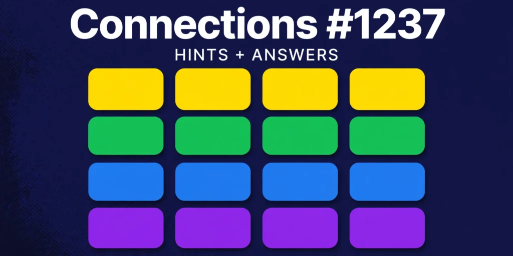 Connections #1237 hints thumbnail with a blank yellow green blue purple grid, October 30, 2026