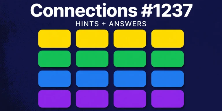 Connections #1237 hints thumbnail with a blank yellow green blue purple grid, October 30, 2026