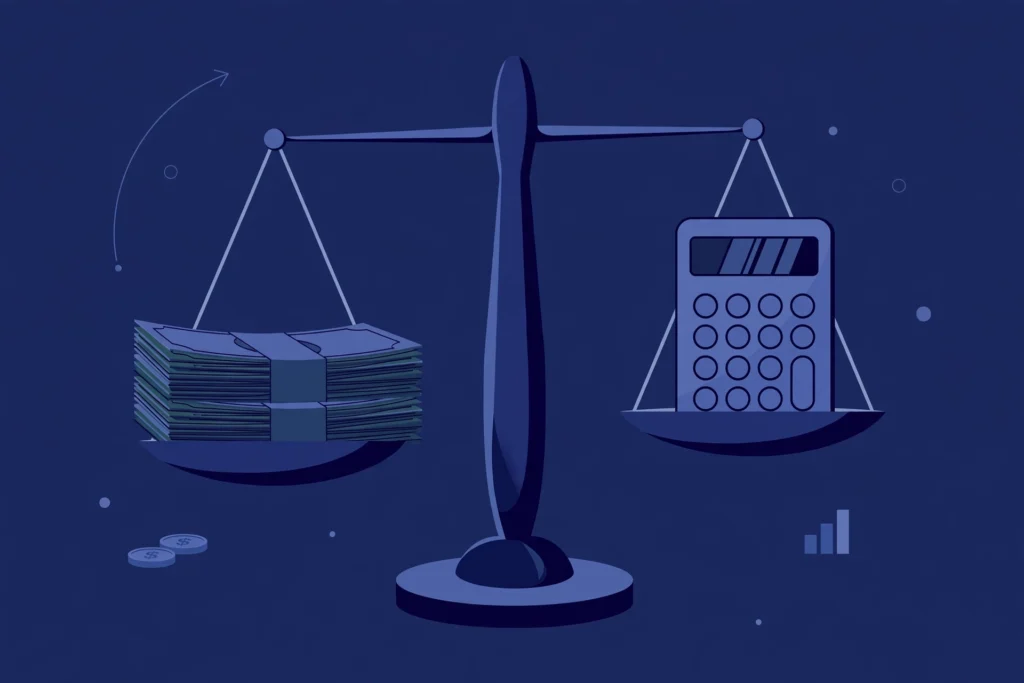 Debt consolidation loan pros and cons — balance scale weighing against a calculator