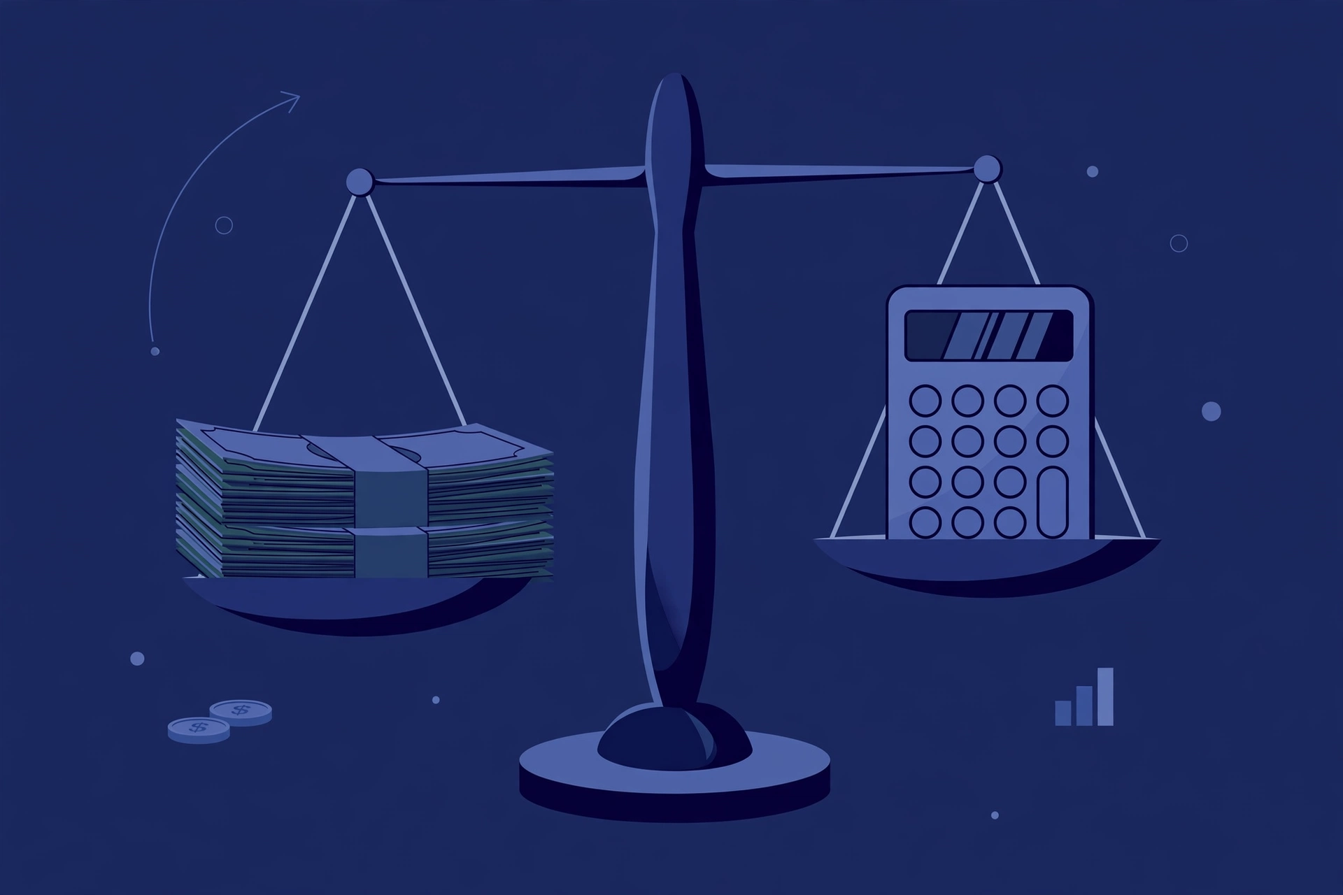 Debt consolidation loan pros and cons &mdash; balance scale weighing against a calculator