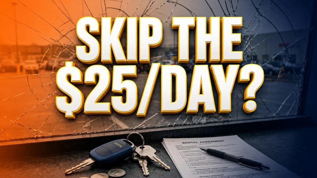 Rental car insurance after an accident — rental keys and cracked windshield