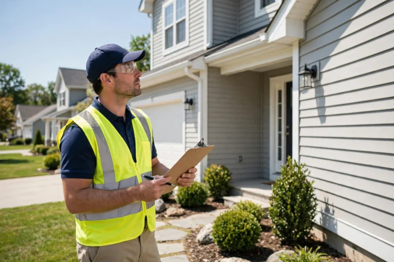 FHA home inspection requirements — home inspector with clipboard at a house exterior