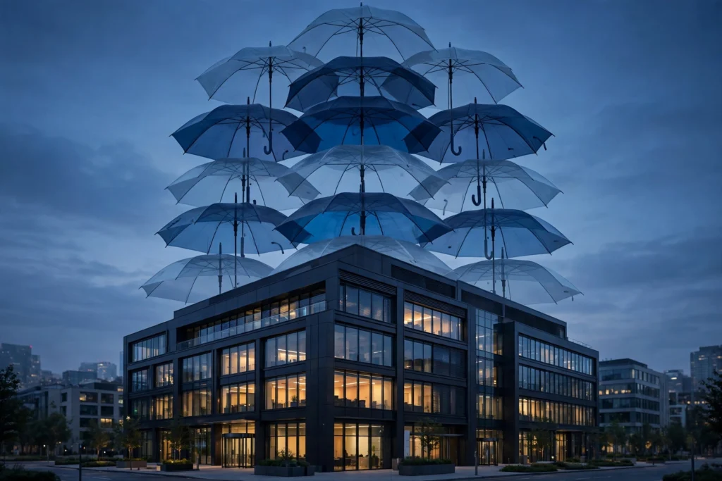 How commercial umbrella insurance works — layered umbrellas over a corporate office building