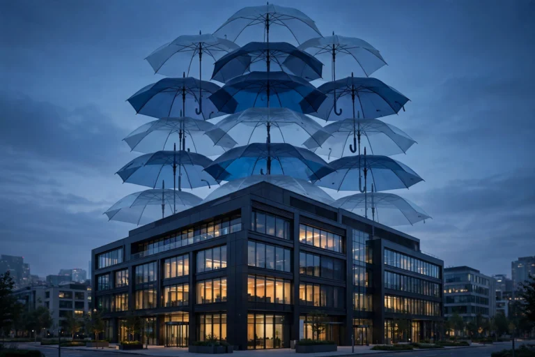 How commercial umbrella insurance works — layered umbrellas over a corporate office building