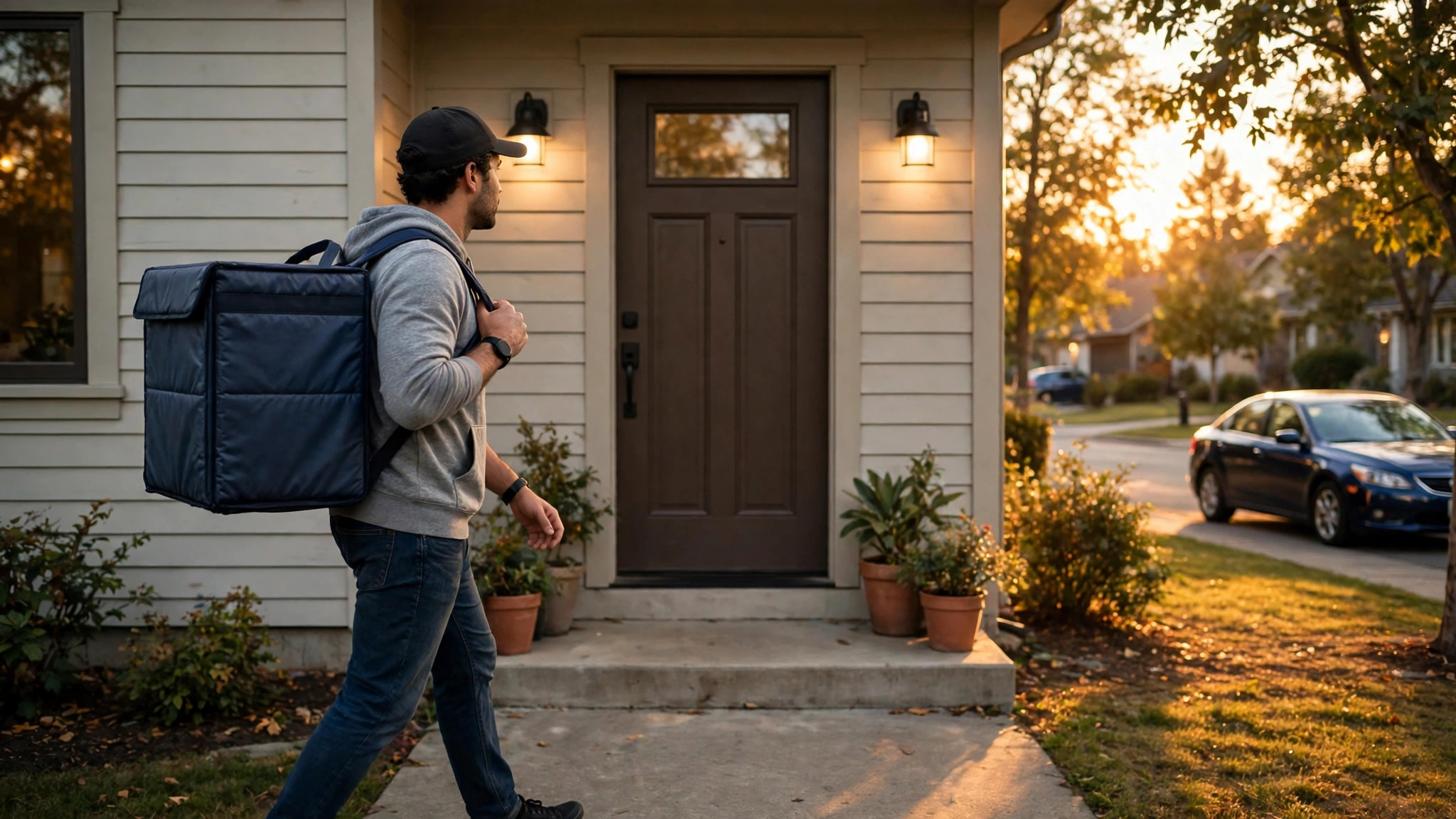 DoorDash delivery driver handing a food order to a customer