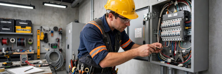 Electrician installing wiring on a job site