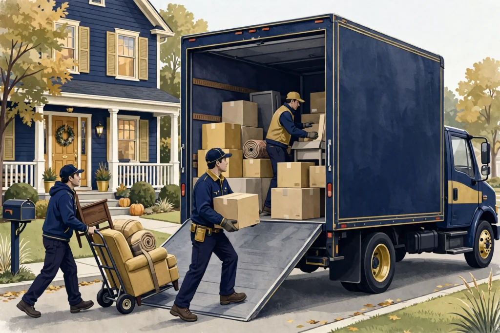 How much do movers cost — moving crew loading boxes and furniture into a moving truck outside a suburban home
