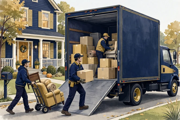 How much do movers cost — moving crew loading boxes and furniture into a moving truck outside a suburban home
