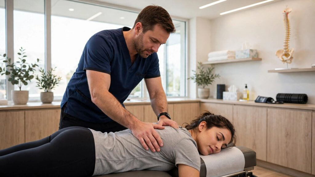 Chiropractor performing a back adjustment on a patient