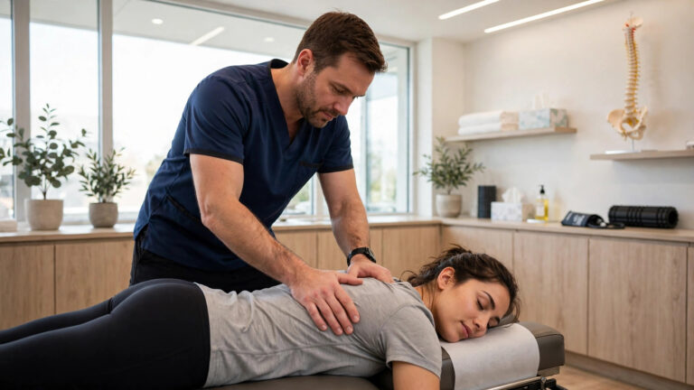 Chiropractor performing a back adjustment on a patient