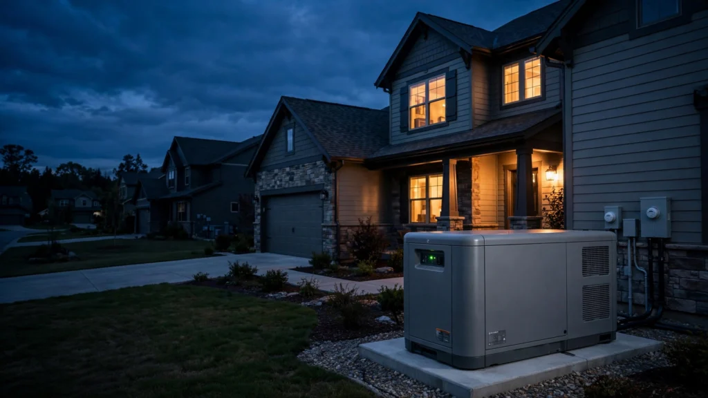 Whole-house generator cost — standby generator beside a lit suburban home at dusk during an outage