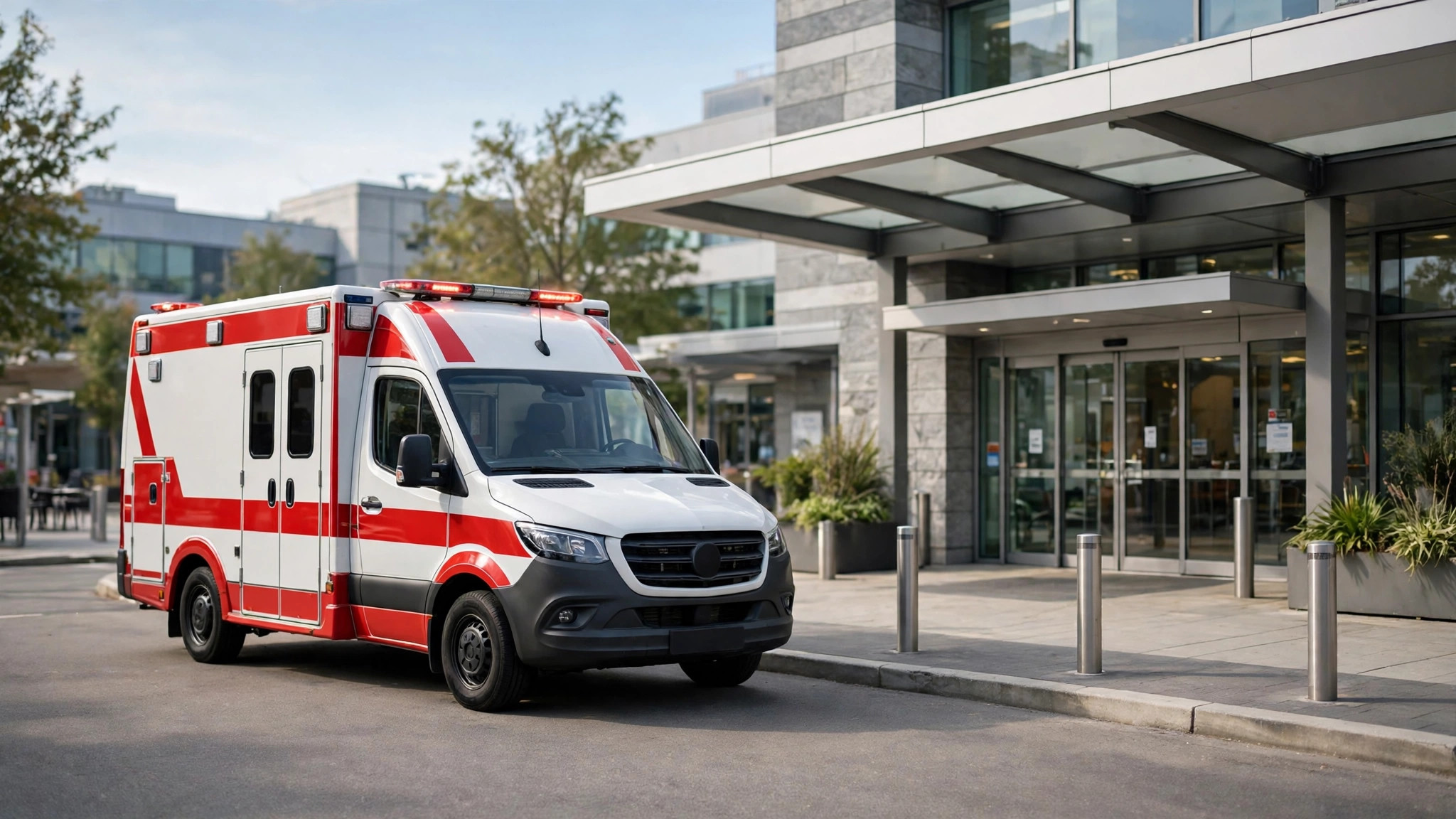 Ambulance driving on a city street with lights on