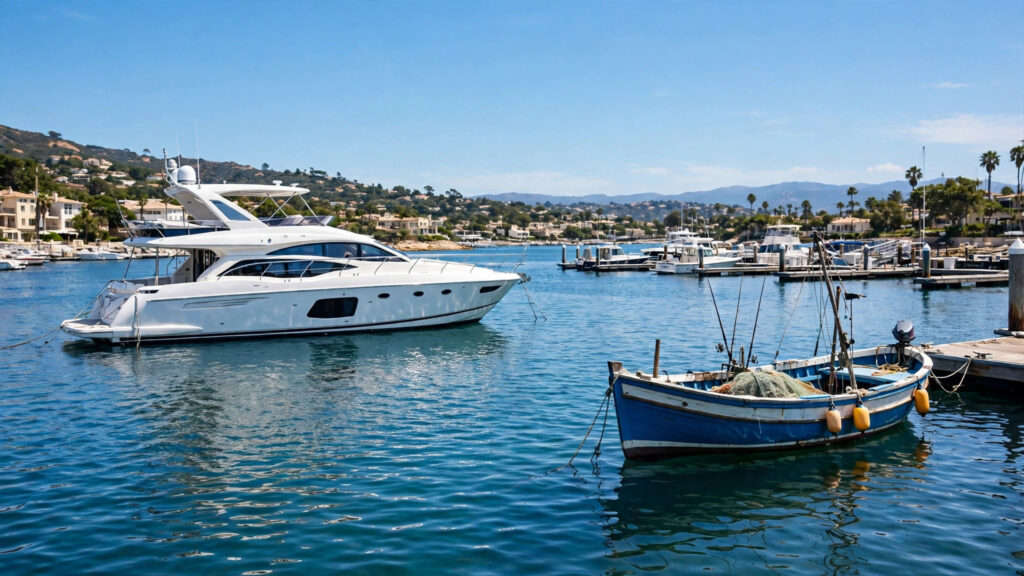 Motor boat on the water near a marina