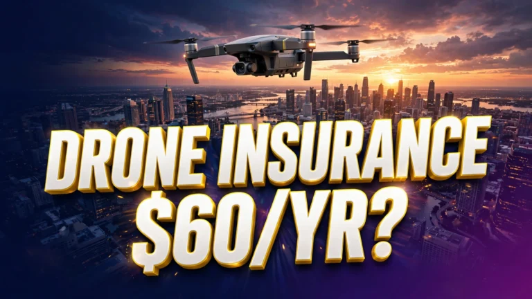 Drone insurance cost — drone flying over a city skyline