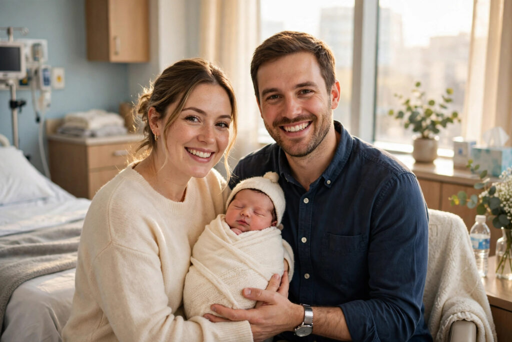 Newborn baby with parents in a hospital room