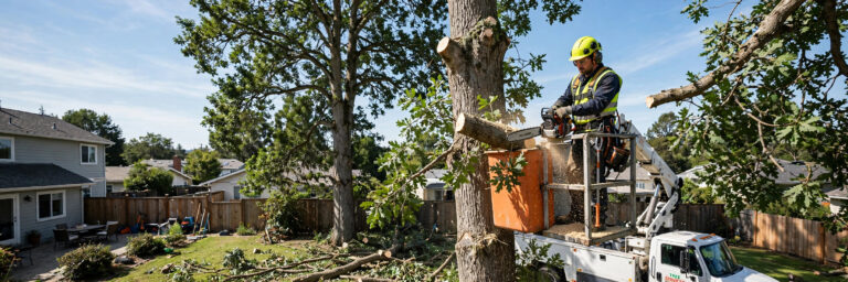 Worker removing a large tree with a chainsaw