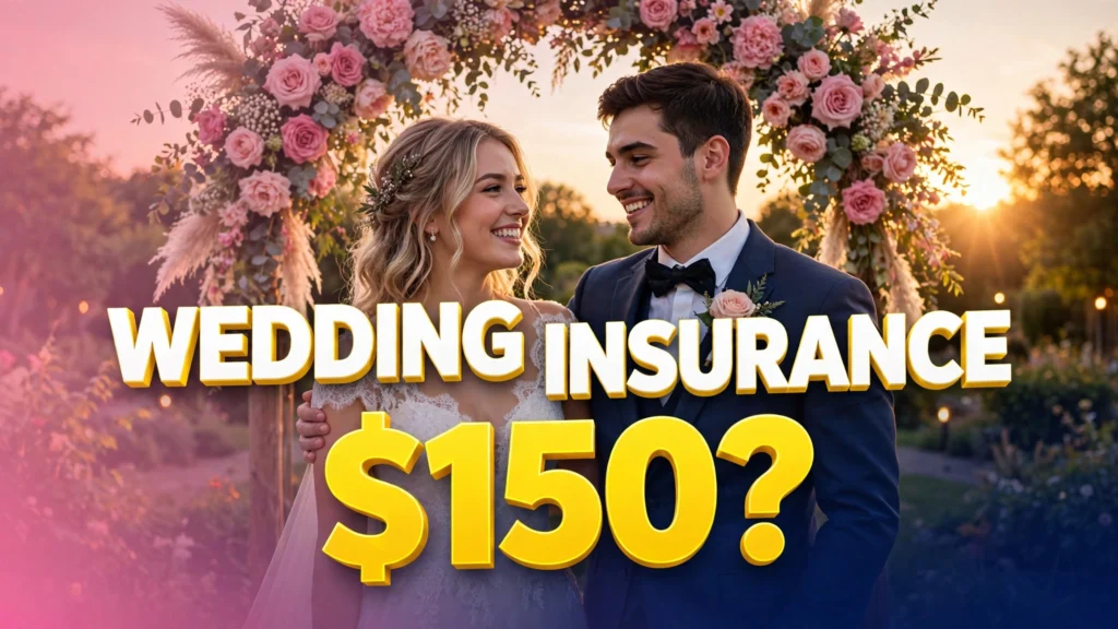 Wedding insurance cost — wedding couple under a floral arch