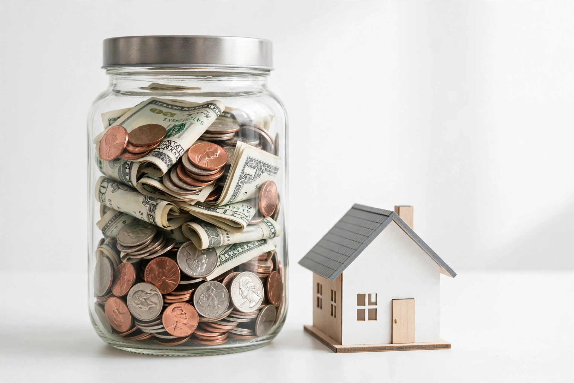 Emergency fund size &mdash; savings jar next to a small house model