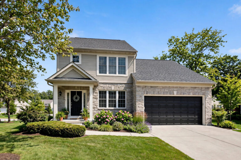 Suburban two-story family home with a lawn and garage
