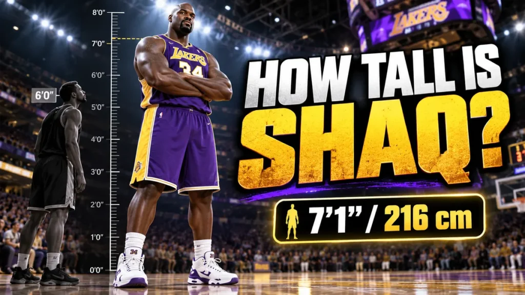 Shaquille O'Neal height comparison showing Shaq at 7 feet 1 inch