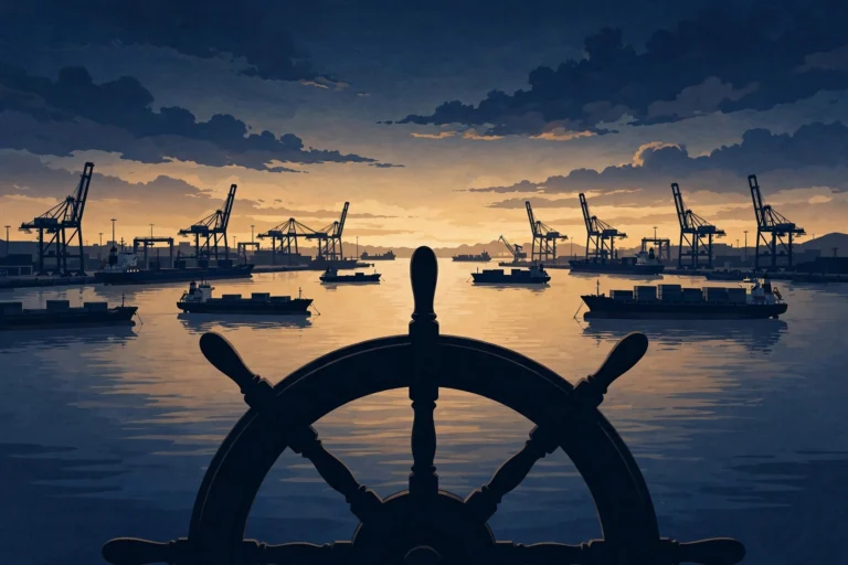 Maritime injury lawyer — attorney consulting near a harbor with ship