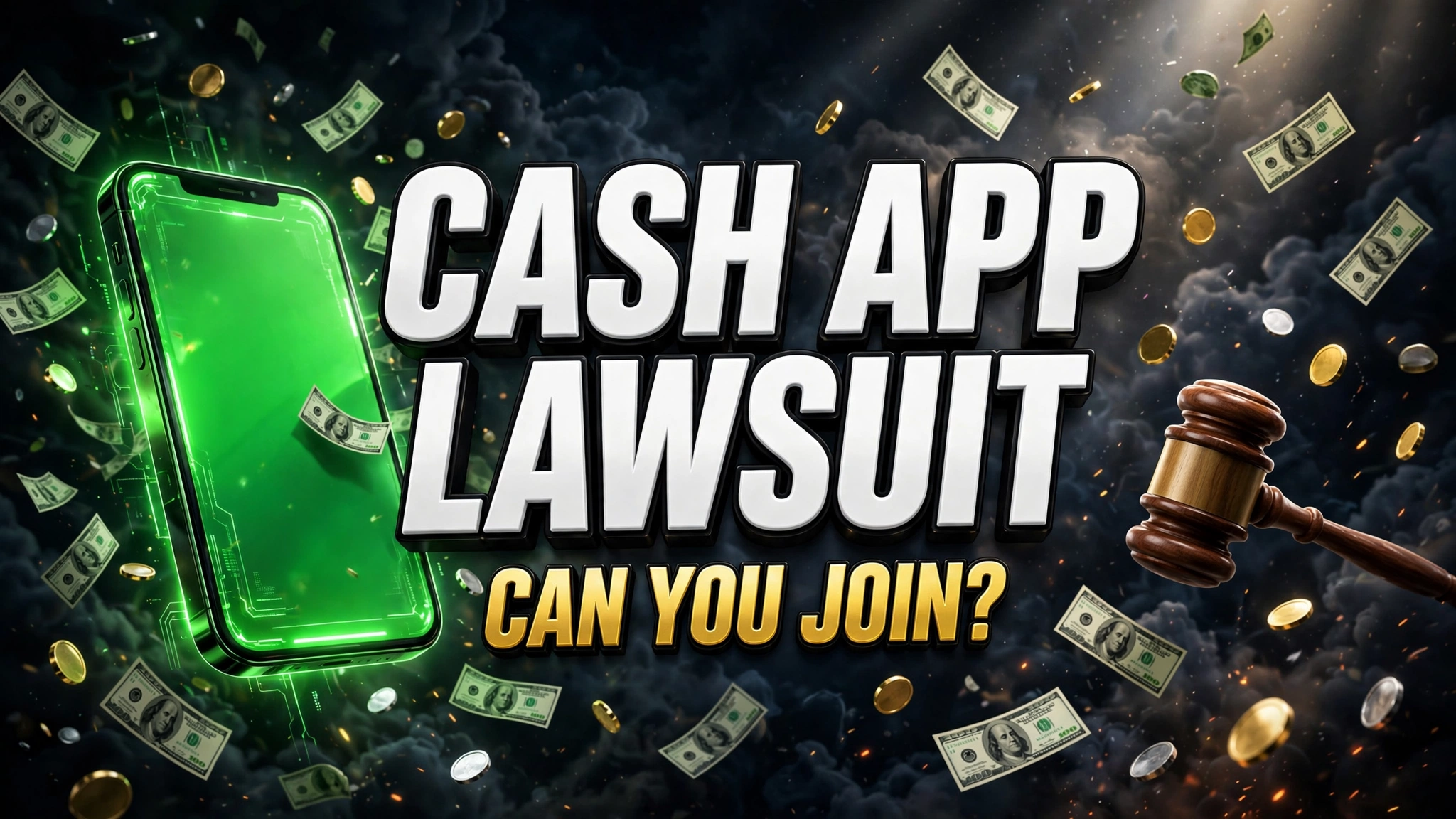 Cash App investing lawsuit &mdash; smartphone, dollar bills and gavel thumbnail