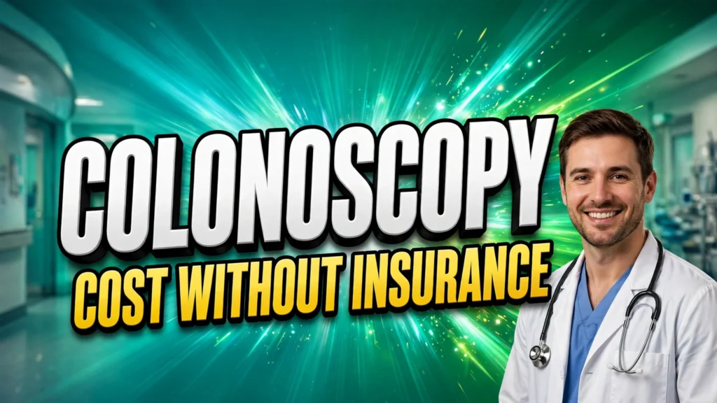 Colonoscopy cost without insurance thumbnail with doctor and hospital on teal gradient background