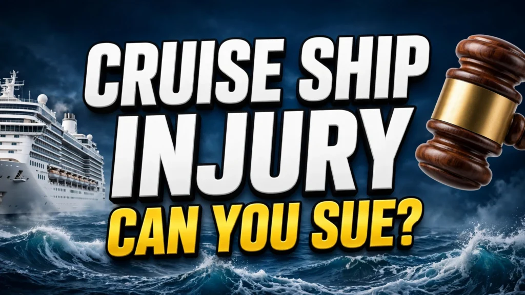 Cruise ship injury can you sue thumbnail with cruise liner, ocean waves and judge's gavel