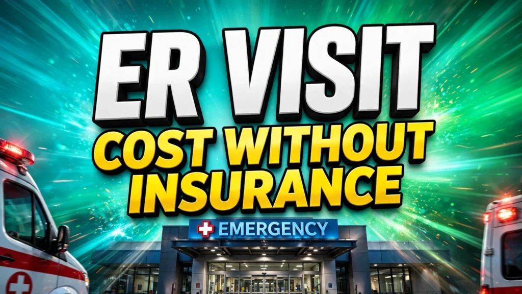 ER visit cost without insurance thumbnail with ambulance and hospital entrance on teal gradient background