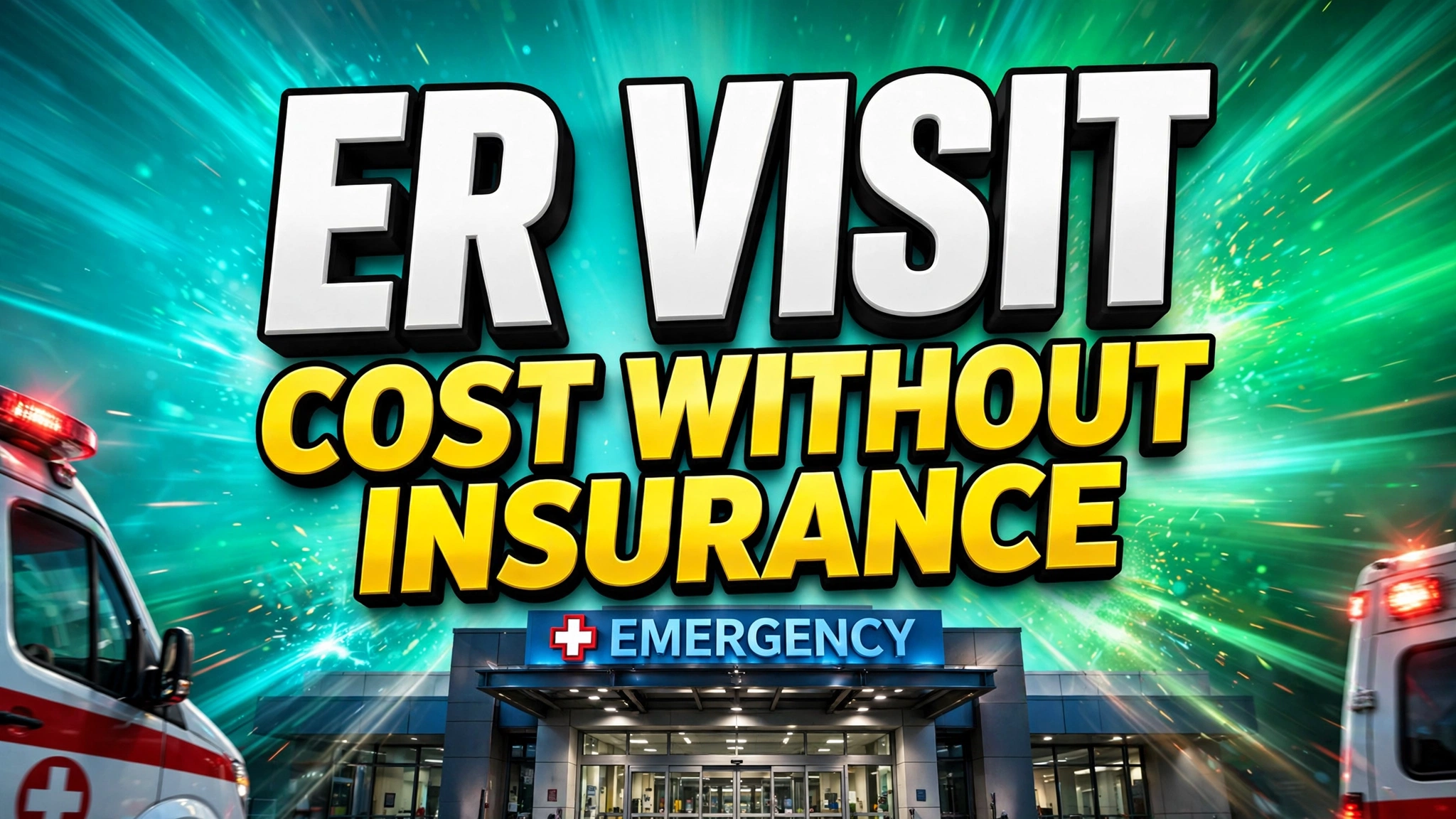 ER visit cost without insurance thumbnail with ambulance and hospital entrance on teal gradient background