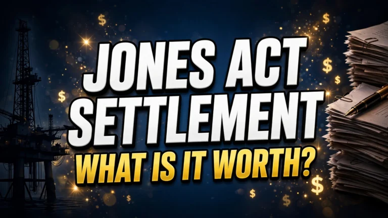 Jones Act settlement what is it worth thumbnail with offshore oil rig, settlement documents and dollar signs