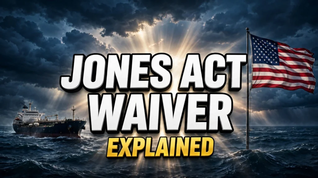 Jones Act waiver explained thumbnail with oil tanker ship, American flag and glowing headline text