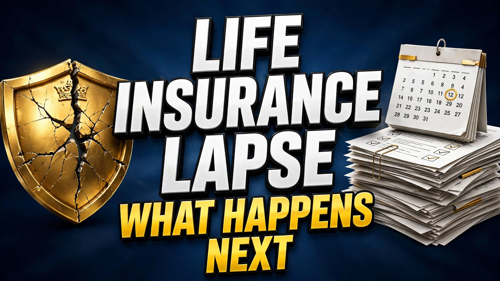 Life insurance lapse explained - cracked golden shield with policy documents and calendar