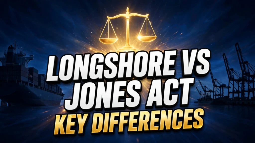 Longshore vs Jones Act key differences thumbnail with cargo ship, dock cranes and scales of justice