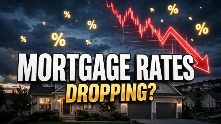 Mortgage rates dropping thumbnail with suburban house, rising arrow chart and percentage symbols