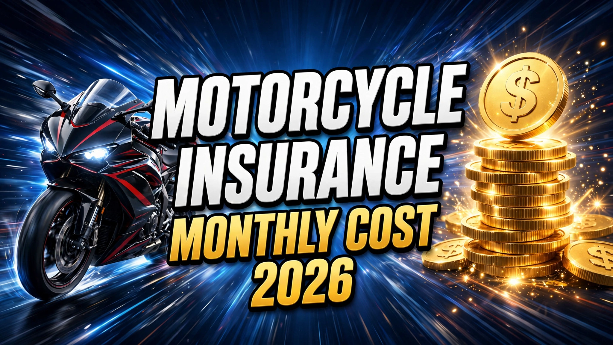 Motorcycle insurance monthly cost 2026 - sport bike with speed lines and gold dollar coins