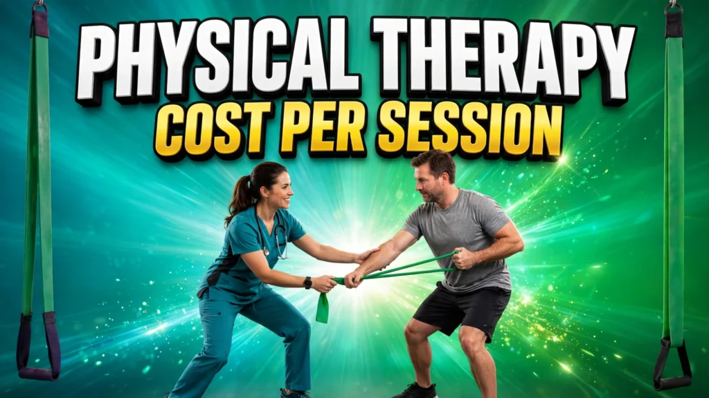 Physical therapy cost per session thumbnail with therapist and patient on teal gradient background