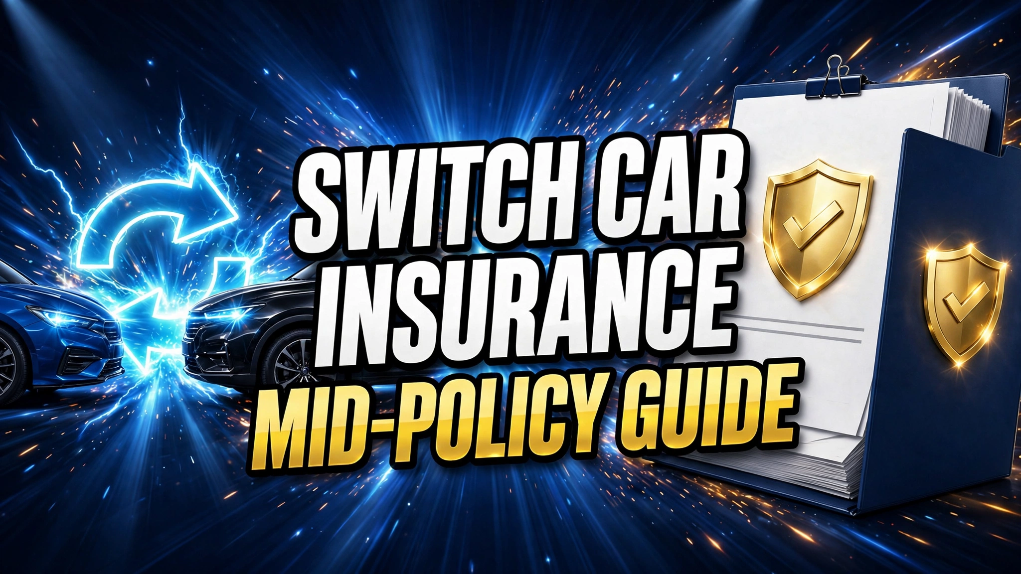 Switch car insurance mid-policy guide - two cars with glowing swap arrows and policy folder